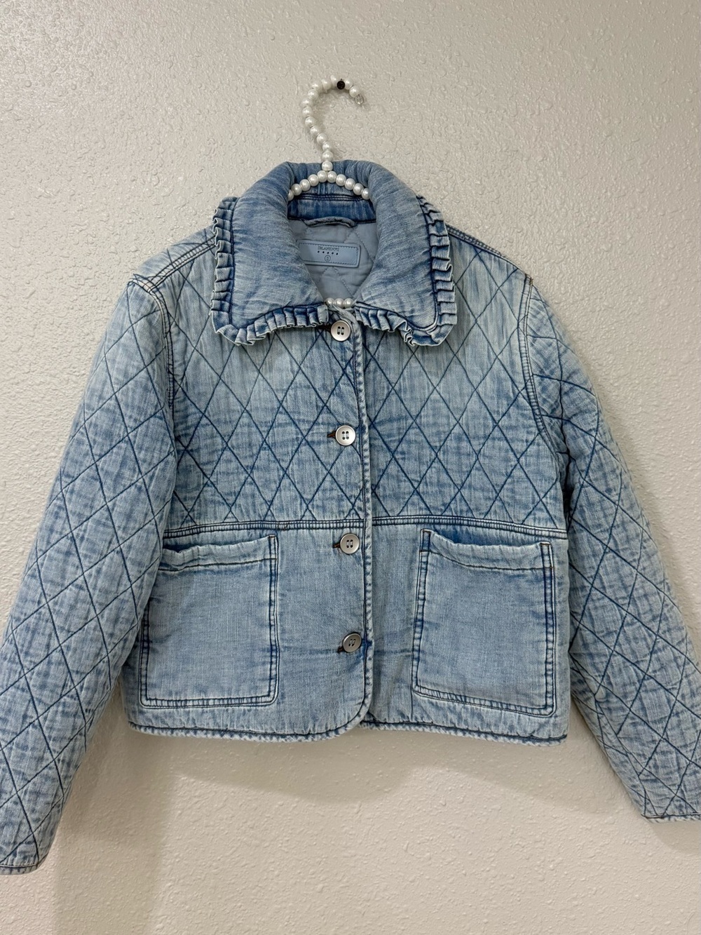 BLANKNYC Quilted Denim Jacket Women’s S Light Wash Ruffle Collar Cotton Puffer